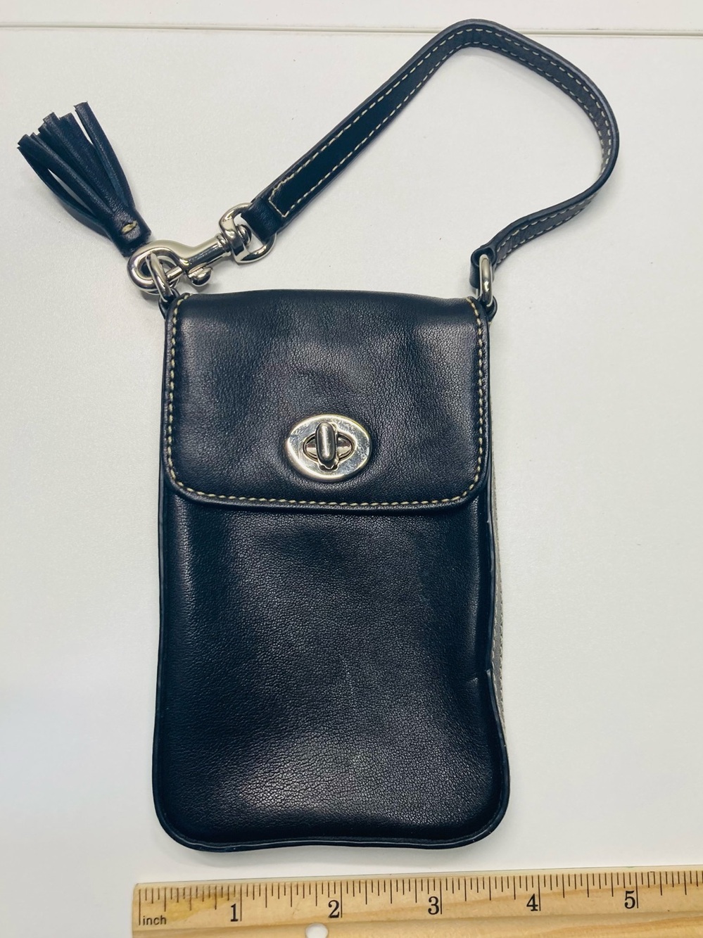 Vintage Coach Black Leather Phone Wristlet with Tassel and Turnlock